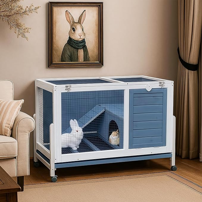 81btz9nY9NL._AC_SX679_ RUNSHED Two Floors Wooden Indoor Bunny Hutch Rabbit Cage on Wheels, Waterproof - Image 1