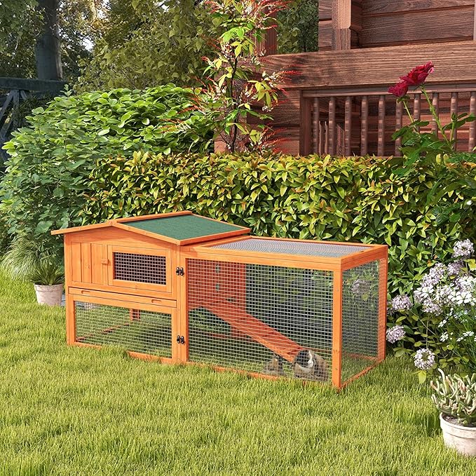 A1xcGU3MEQL._AC_SX679_ PawHut Rabbit Hutch with Run Wooden Outdoor Bunny Cage Hide House with Sliding Tray, Hay Rack, Ramp, 156 x 58 x 68cm, Orange - Image 1